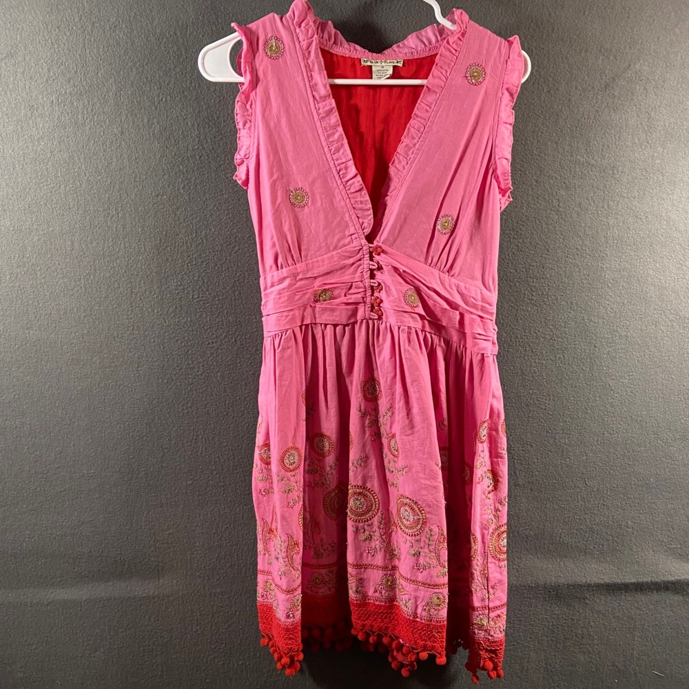 women‎ Cotton dress medium pink Embroidered Pom Pom boho festival cottage ruffle